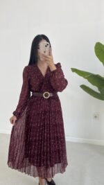Kruvaze Kemerli Şifon Midi Elbise - Bordo - Görsel 5
