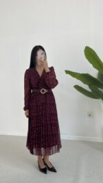 Kruvaze Kemerli Şifon Midi Elbise - Bordo - Görsel 6