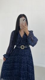 Kruvaze Kemerli Şifon Midi Elbise - Mavi - Görsel 9