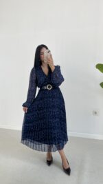 Kruvaze Kemerli Şifon Midi Elbise - Mavi - Görsel 3