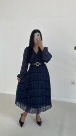 Kruvaze Kemerli Şifon Midi Elbise - Mavi - Görsel 8