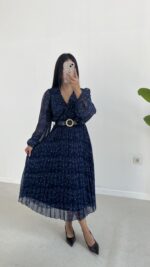 Kruvaze Kemerli Şifon Midi Elbise - Mavi - Görsel 4