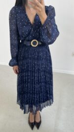 Kruvaze Kemerli Şifon Midi Elbise - Mavi - Görsel 5