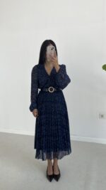 Kruvaze Kemerli Şifon Midi Elbise - Mavi - Görsel 10