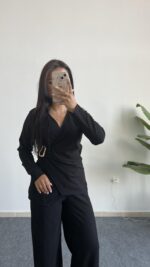 Bonita Kruvaze Yaka Aksesuarlı Takım - Siyah - Görsel 5