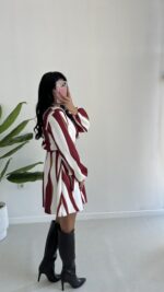 Kruvaze Yakalı Desenli Modal Mini Elbise - Bordo - Görsel 7