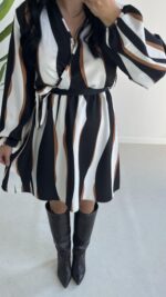 Kruvaze Yakalı Desenli Modal Mini Elbise - Füme - Görsel 5