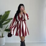 Kruvaze Yakalı Desenli Modal Mini Elbise - Bordo