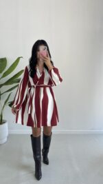 Kruvaze Yakalı Desenli Modal Mini Elbise - Bordo - Görsel 6