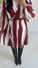 Kruvaze Yakalı Desenli Modal Mini Elbise - Bordo - Görsel 9