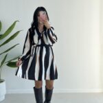 Kruvaze Yakalı Desenli Modal Mini Elbise - Füme