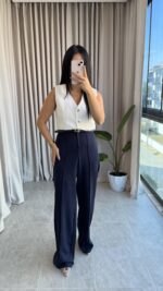 Lacivert Kemerli Çimalı Palazzo Pantolon - Görsel 3