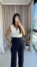 Lacivert Kemerli Çimalı Palazzo Pantolon - Görsel 2