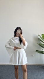 Lemas Bluz Şort Takım - Beyaz - Görsel 3