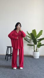 Lenora Gold Düğme Detaylı Pembe Salaş Takım - Görsel 3