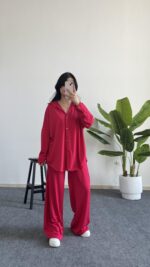 Lenora Gold Düğme Detaylı Pembe Salaş Takım