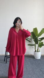 Lenora Gold Düğme Detaylı Pembe Salaş Takım - Görsel 2