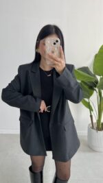 Liona Kruvaze Blazer Ceket - Antrasit - Görsel 4