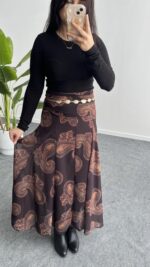 Lorai Desenli Şifon Etek - Kahverengi - Görsel 6