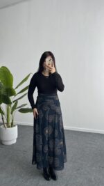 Lorai Desenli Şifon Etek - Lacivert - Görsel 5