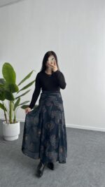 Lorai Desenli Şifon Etek - Lacivert - Görsel 4