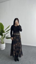 Lorai Desenli Şifon Etek - Siyah