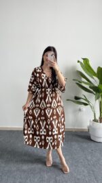 Lotus Desenli Çan Elbise - Kahve - Görsel 2