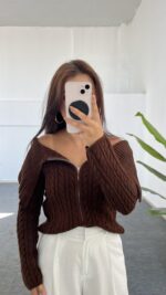 Madonna Yaka Örgü Hırka - Kahve - Görsel 5