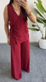 Matina Bağlama Detaylı Kruvaze Yaka İkili Takım - Bordo - Görsel 7