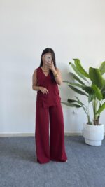 Matina Bağlama Detaylı Kruvaze Yaka İkili Takım - Bordo - Görsel 4