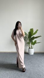 Mayda Yarım Kol Modal Basic Elbise - Bej