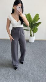 Melina Cırtlı Palazzo Pantolon - Antrasit - Görsel 5