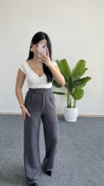 Melina Cırtlı Palazzo Pantolon - Antrasit - Görsel 2