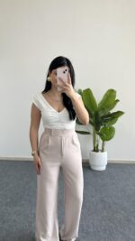 Melina Cırtlı Palazzo Pantolon - Taş - Görsel 2