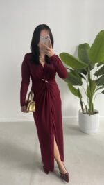 Melodi Gold Aksesuarlı Elbise - Bordo - Görsel 4