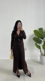 Melodi Gold Aksesuarlı Elbise - Kahverengi - Görsel 6