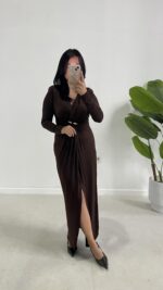 Melodi Gold Aksesuarlı Elbise - Kahverengi - Görsel 7