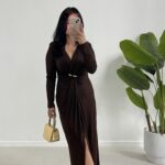 Melodi Gold Aksesuarlı Elbise - Kahverengi