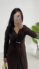 Melodi Gold Aksesuarlı Elbise - Kahverengi - Görsel 5