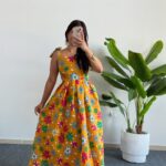 Meris Çiçekli Poplin Elbise - Sarı