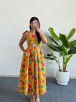 Meris Çiçekli Poplin Elbise - Sarı - Görsel 2