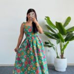 Meris Çiçekli Poplin Elbise - Yeşil