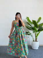 Meris Çiçekli Poplin Elbise - Yeşil