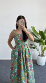 Meris Çiçekli Poplin Elbise - Yeşil - Görsel 3