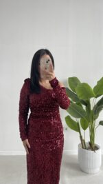 Midi Boy Pul Payet Elbise - Bordo - Görsel 2