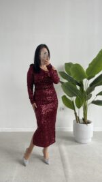 Midi Boy Pul Payet Elbise - Bordo - Görsel 3