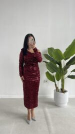 Midi Boy Pul Payet Elbise - Bordo - Görsel 6