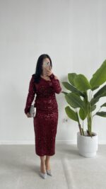 Midi Boy Pul Payet Elbise - Bordo - Görsel 8
