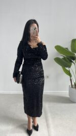 Midi Boy Pul Payet Elbise - Siyah - Görsel 4