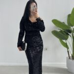 Midi Boy Pul Payet Elbise - Siyah